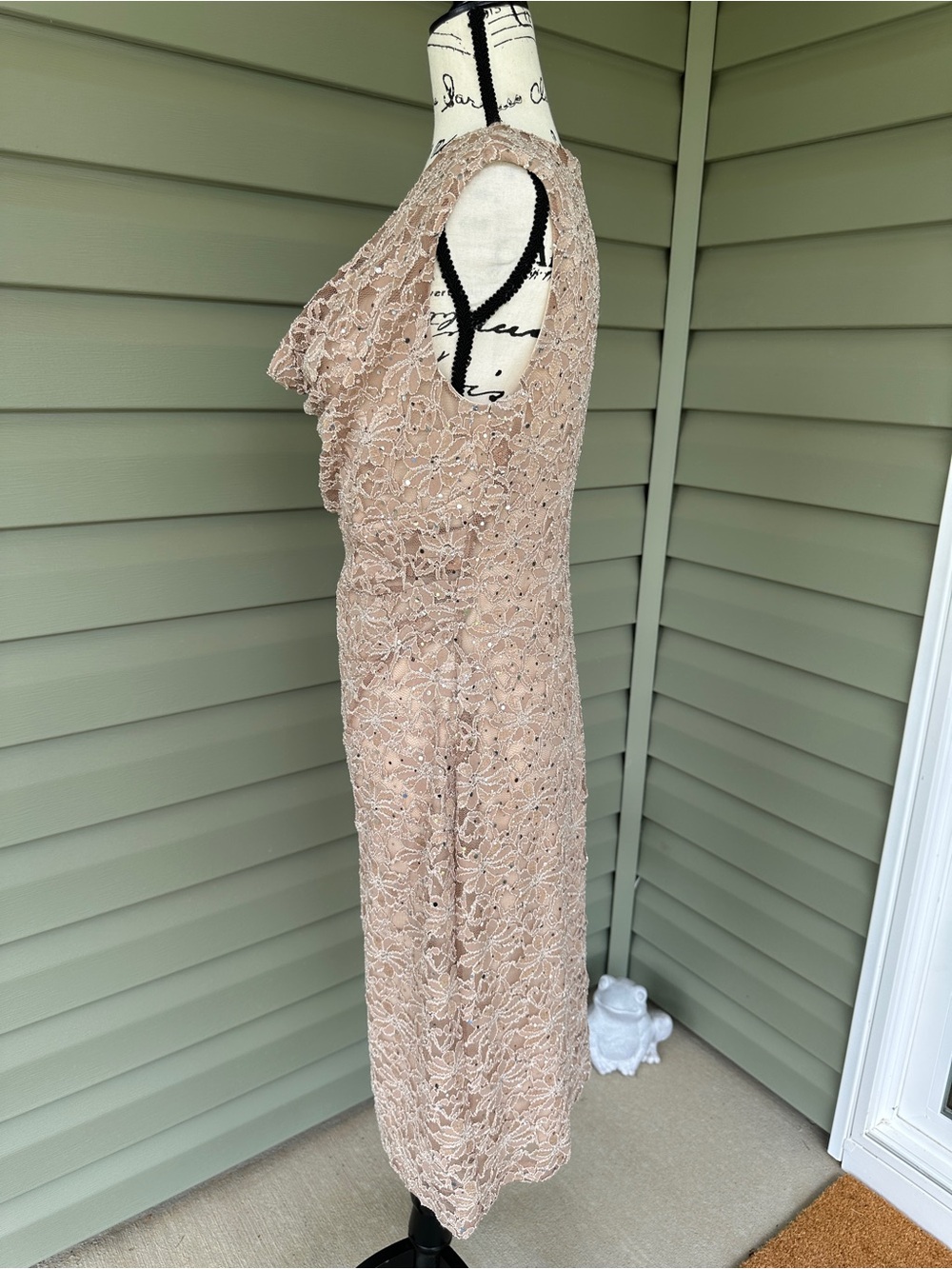 connected apparel Taupe Lace sparkly Cowl Neck Sheath Dress size 10 stretchy - Picture 8 of 13